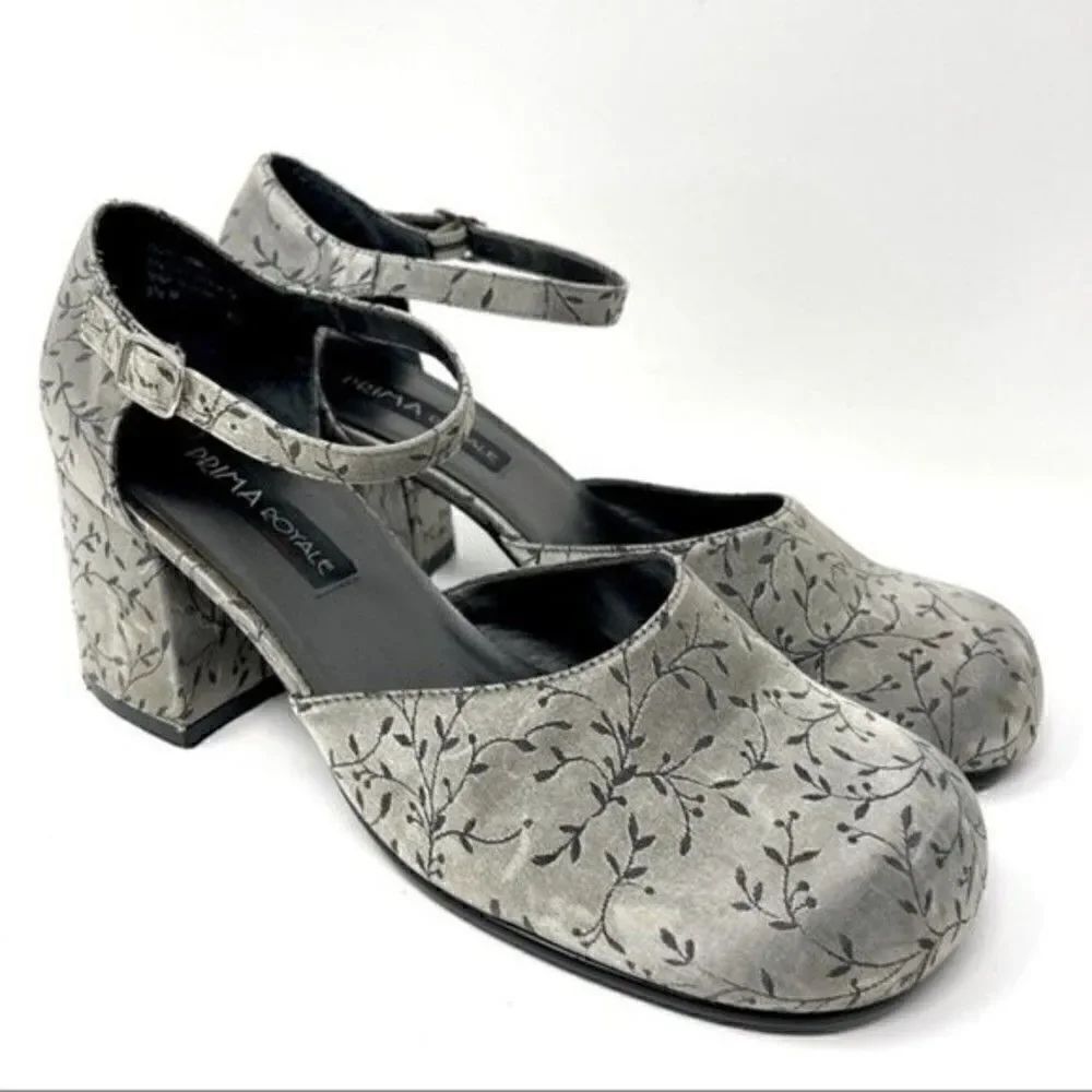 Prima Royale heels 90s Y2K gray floral pattern ankle strap round toe chunky 9.5M